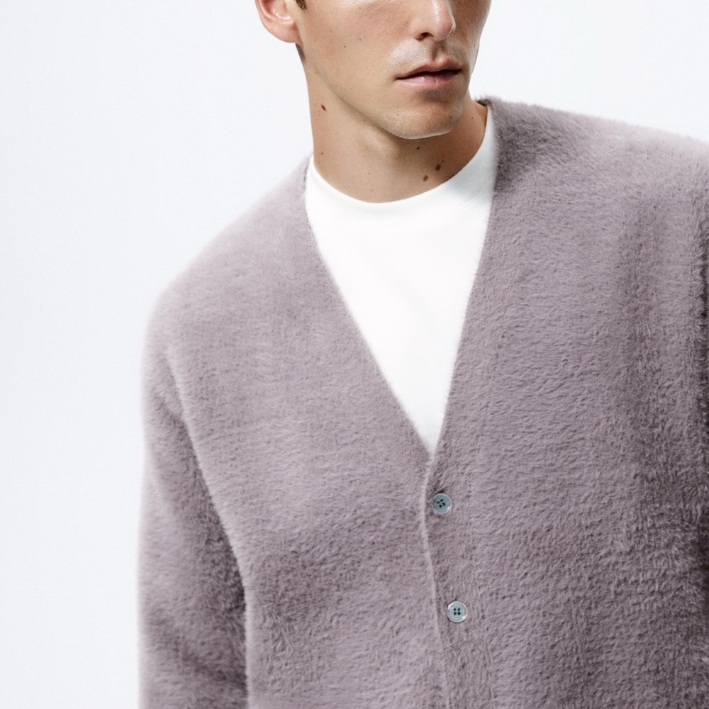 Zara men’s soft textured cardigan dusty mauve sz L NWT - Picture 7 of 10